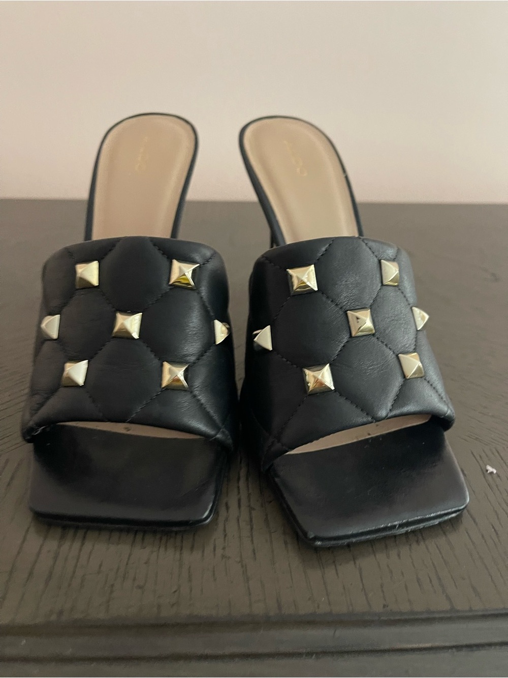 Aldo Black Quilted Slide Heels with Gold Pyramid Studs